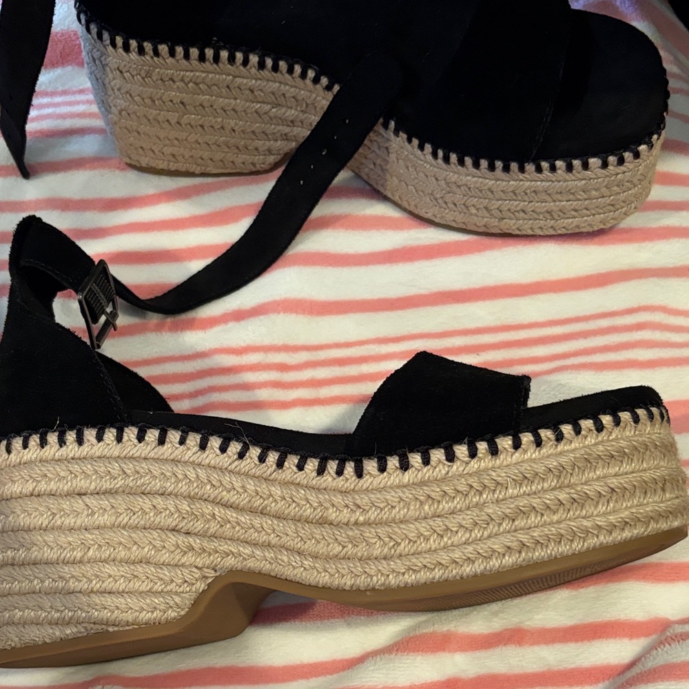 Toms Black and Tan Suede Espadrille Platform Sandals